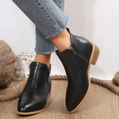 Sleek Black Boots for Women with Leather Side Zip Pointed Toe Block Heel Ankle Style