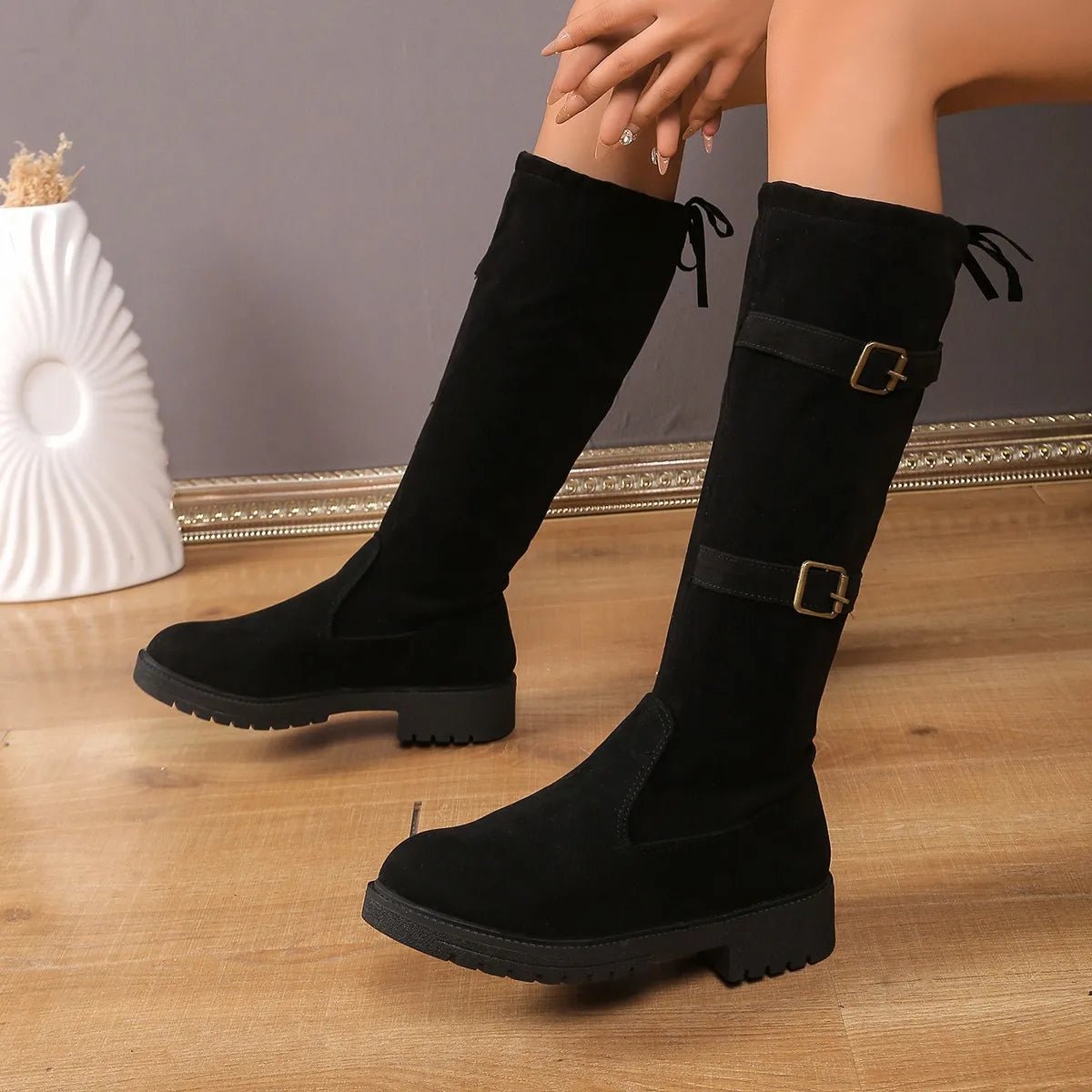 Stylish Suede Black Boots for Women with Buckle Strap Knee High Block Heel Riding Style