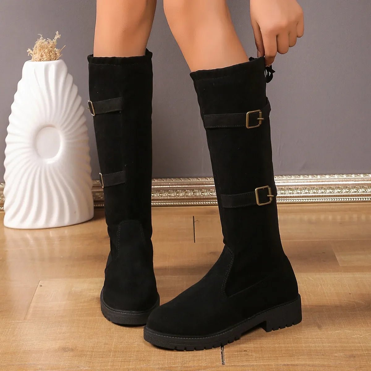 Stylish Suede Black Boots for Women with Buckle Strap Knee High Block Heel Riding Style