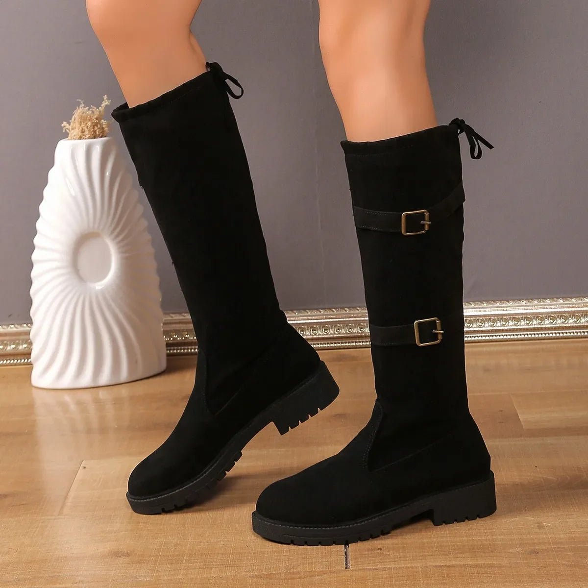 Stylish Suede Black Boots for Women with Buckle Strap Knee High Block Heel Riding Style