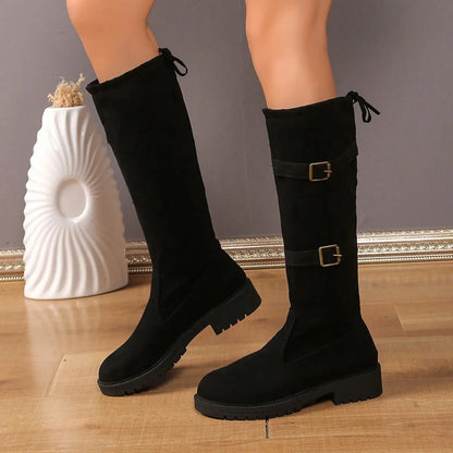 Stylish Suede Black Boots for Women with Buckle Strap Knee High Block Heel Riding Style