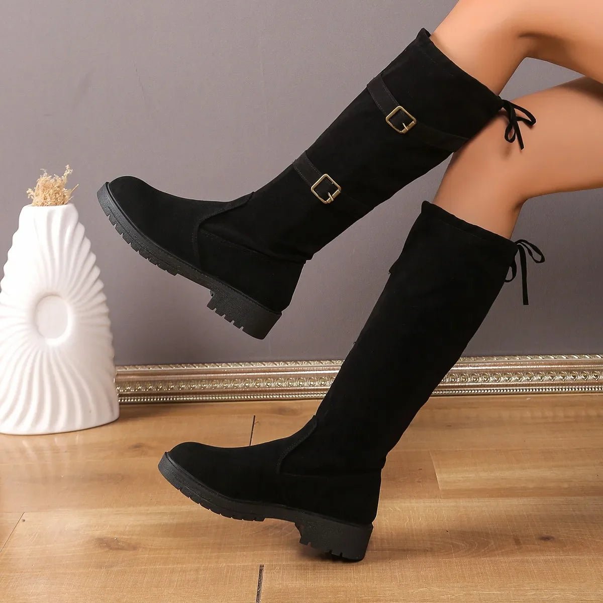 Stylish Suede Black Boots for Women with Buckle Strap Knee High Block Heel Riding Style