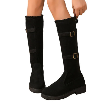 Stylish Suede Black Boots for Women with Buckle Strap Knee High Block Heel Riding Style