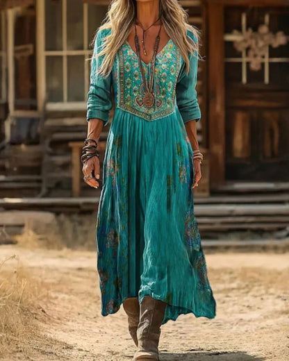 Bohemian Maxi Dress for Women with V Neck Long Sleeve Embroidered Flowy Casual Style