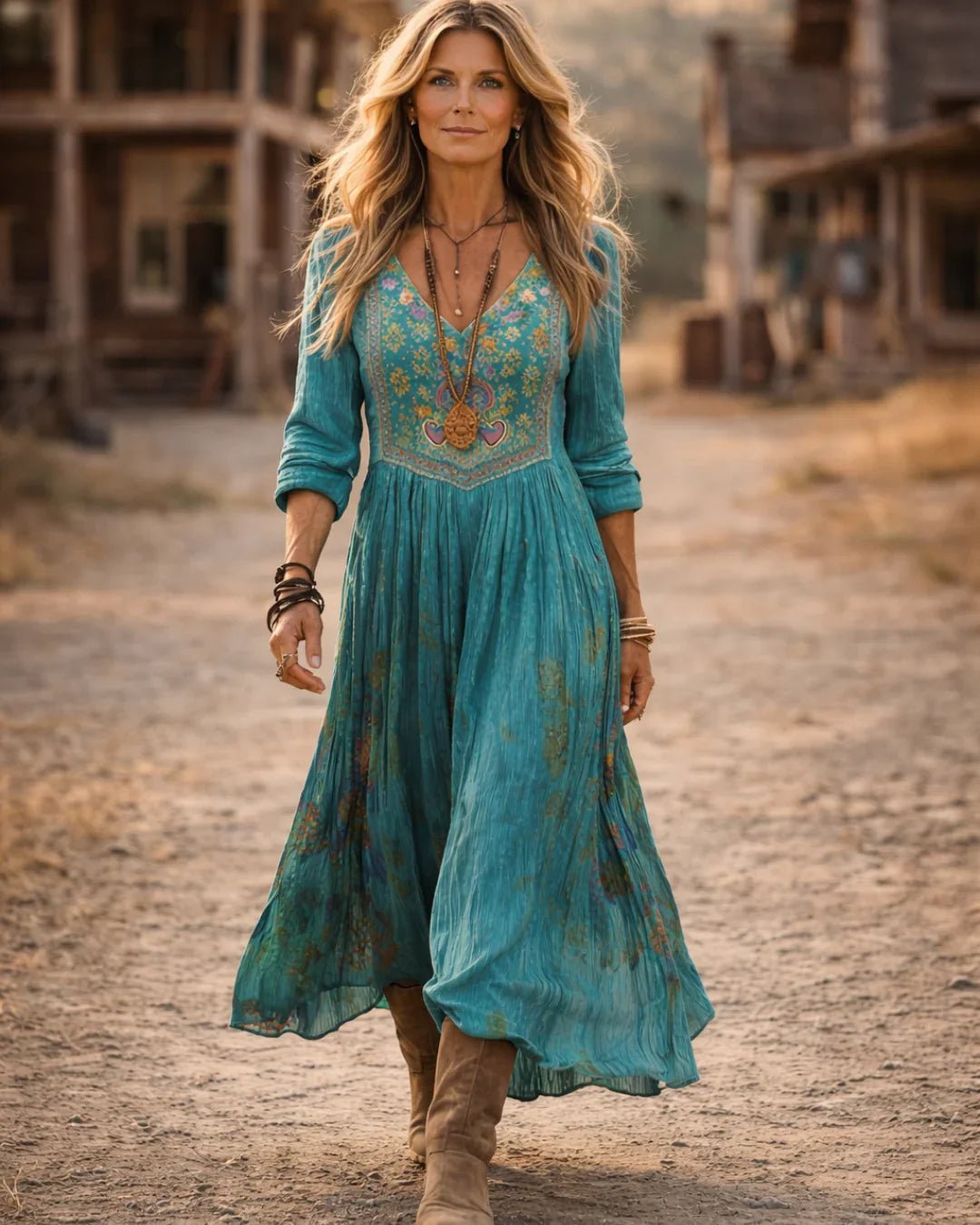 Bohemian Maxi Dress for Women with V Neck Long Sleeve Embroidered Flowy Casual Style