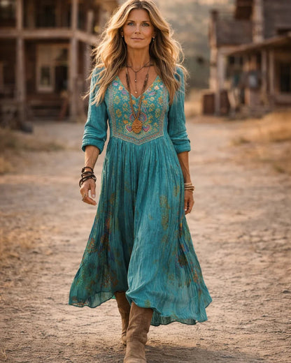 Bohemian Maxi Dress for Women with V Neck Long Sleeve Embroidered Flowy Casual Style