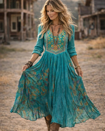 Bohemian Maxi Dress for Women with V Neck Long Sleeve Embroidered Flowy Casual Style