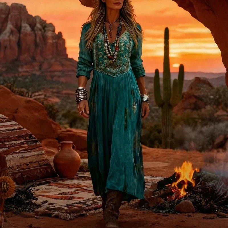 Bohemian Maxi Dress for Women with V Neck Long Sleeve Embroidered Flowy Casual Style