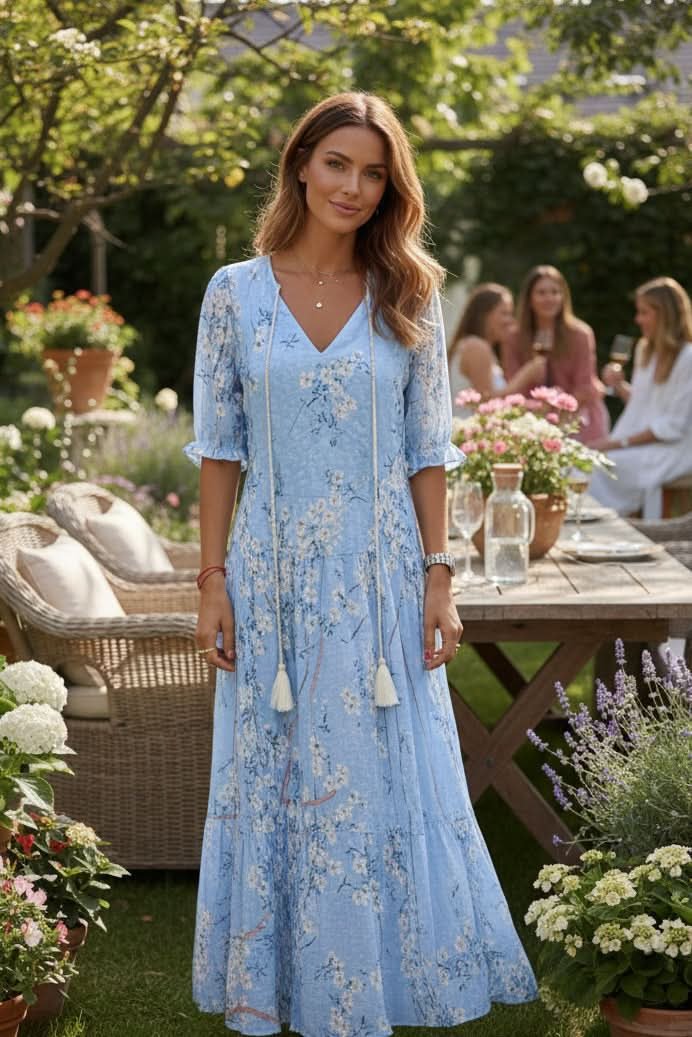 Effortless Floral Maxi Dress for Women with Boho V-Neckline Adjustable Waist Evening Gown Style