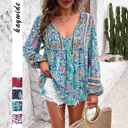 Effortless Boho Blouses for Women with V-Neckline Tassel Drawstring Tunic Style