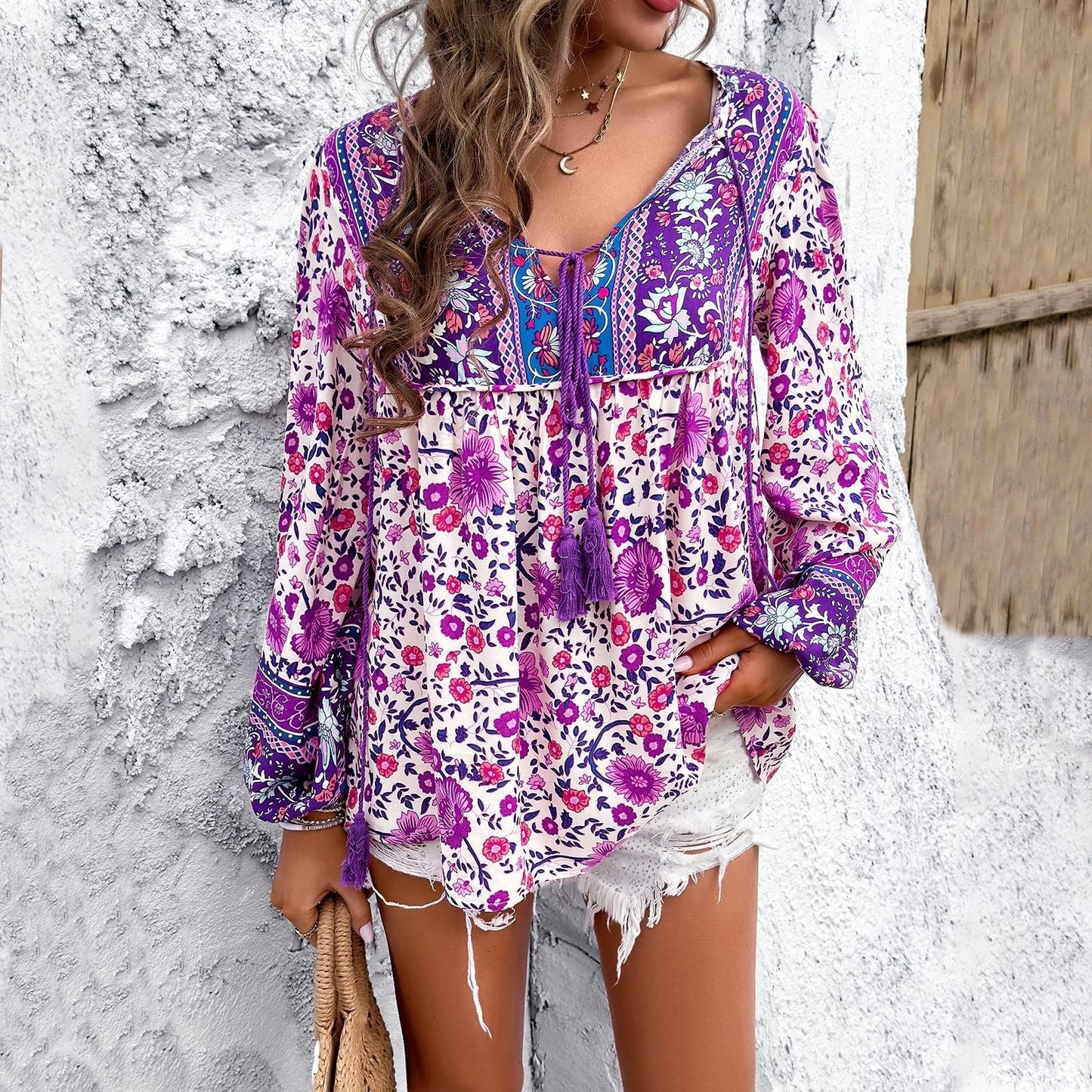 Effortless Boho Blouses for Women with V-Neckline Tassel Drawstring Tunic Style