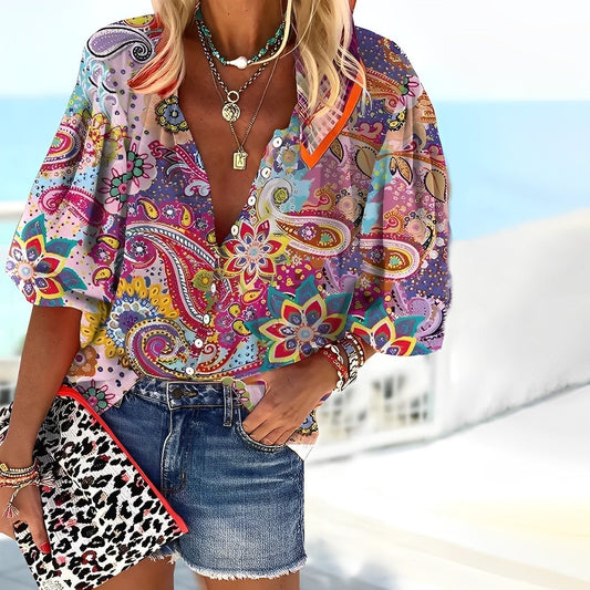 Effortless Paisley Blouses for Women with V Neck Elbow Sleeve Button Front Relaxed Bohemian Style