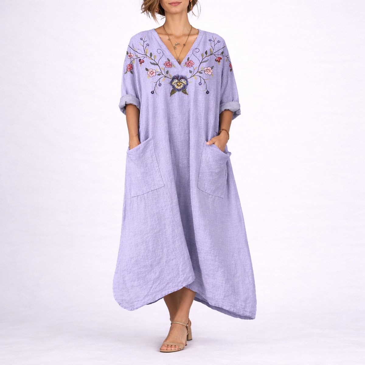 Elegant Purple Dress for Women with V Neck Long Sleeve Floral Embroidered Kaftan Bohemian Style