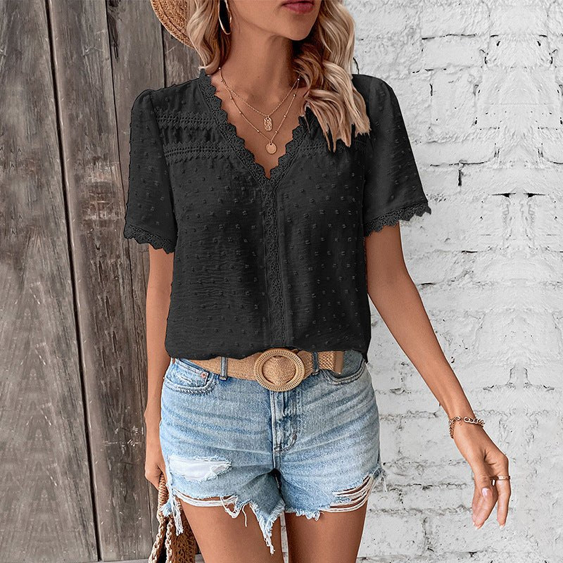 Effortless Blouses for Women with V-Neck Lace Trim Swiss Dot Boho Style