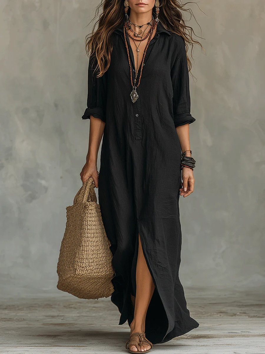 Effortless Black Maxi Dress for Women with Collar Long Sleeve Button Front Boho Style