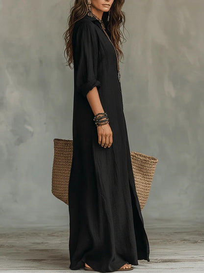 Effortless Black Maxi Dress for Women with Collar Long Sleeve Button Front Boho Style