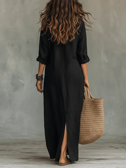 Effortless Black Maxi Dress for Women with Collar Long Sleeve Button Front Boho Style