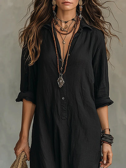 Effortless Black Maxi Dress for Women with Collar Long Sleeve Button Front Boho Style
