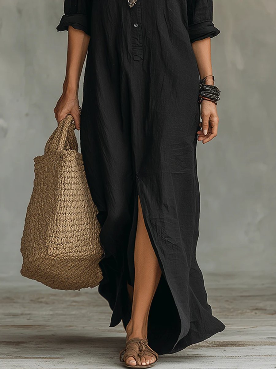 Effortless Black Maxi Dress for Women with Collar Long Sleeve Button Front Boho Style