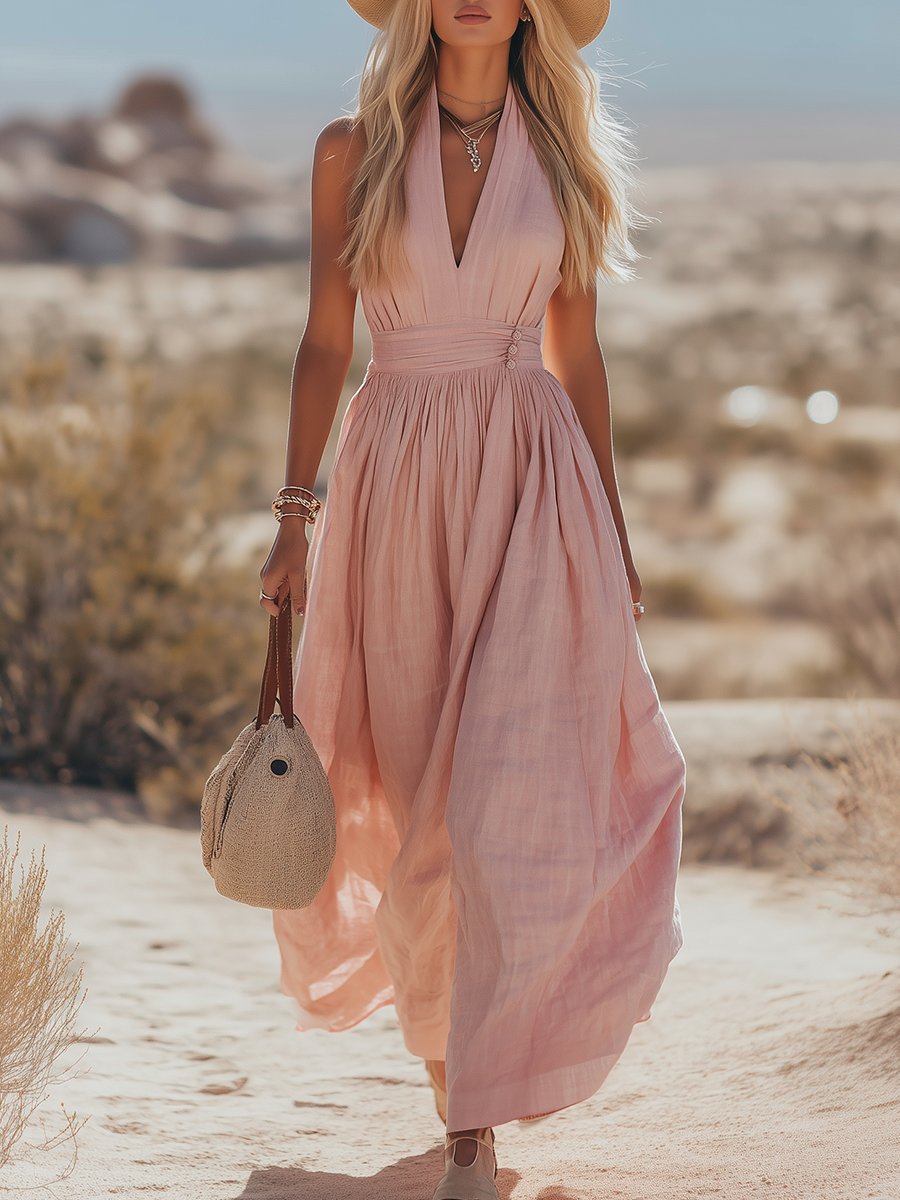 Effortless Maxi Dress for Women with Deep V Neck Sleeveless Flowing Vacation Style