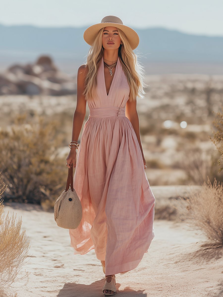 Effortless Maxi Dress for Women with Deep V Neck Sleeveless Flowing Vacation Style