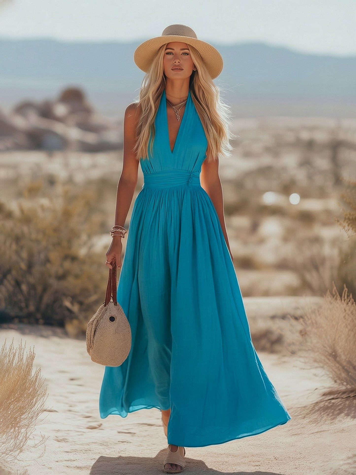 Effortless Maxi Dress for Women with Deep V Neck Sleeveless Flowing Vacation Style