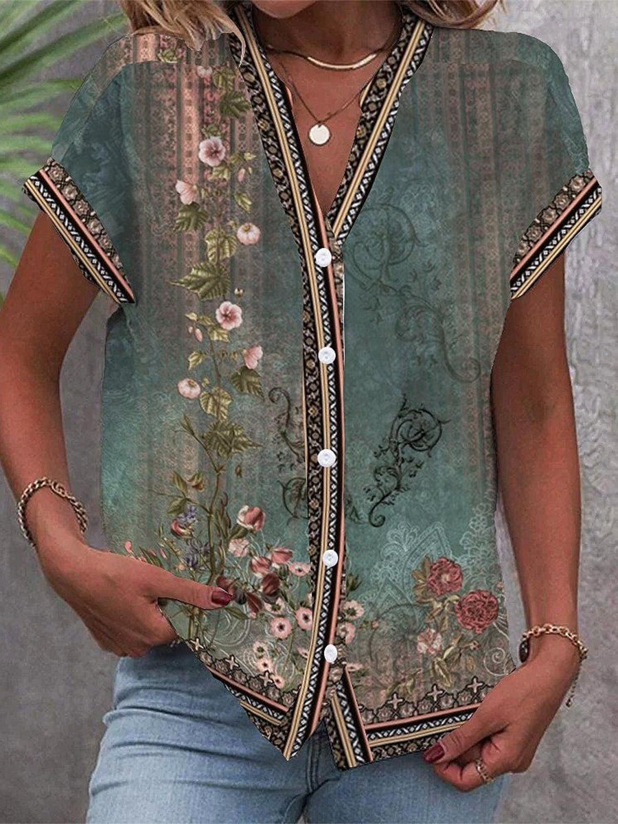 Effortless Green Blouses for Women with Boho Floral V-Neckline Button-Front Short Sleeve