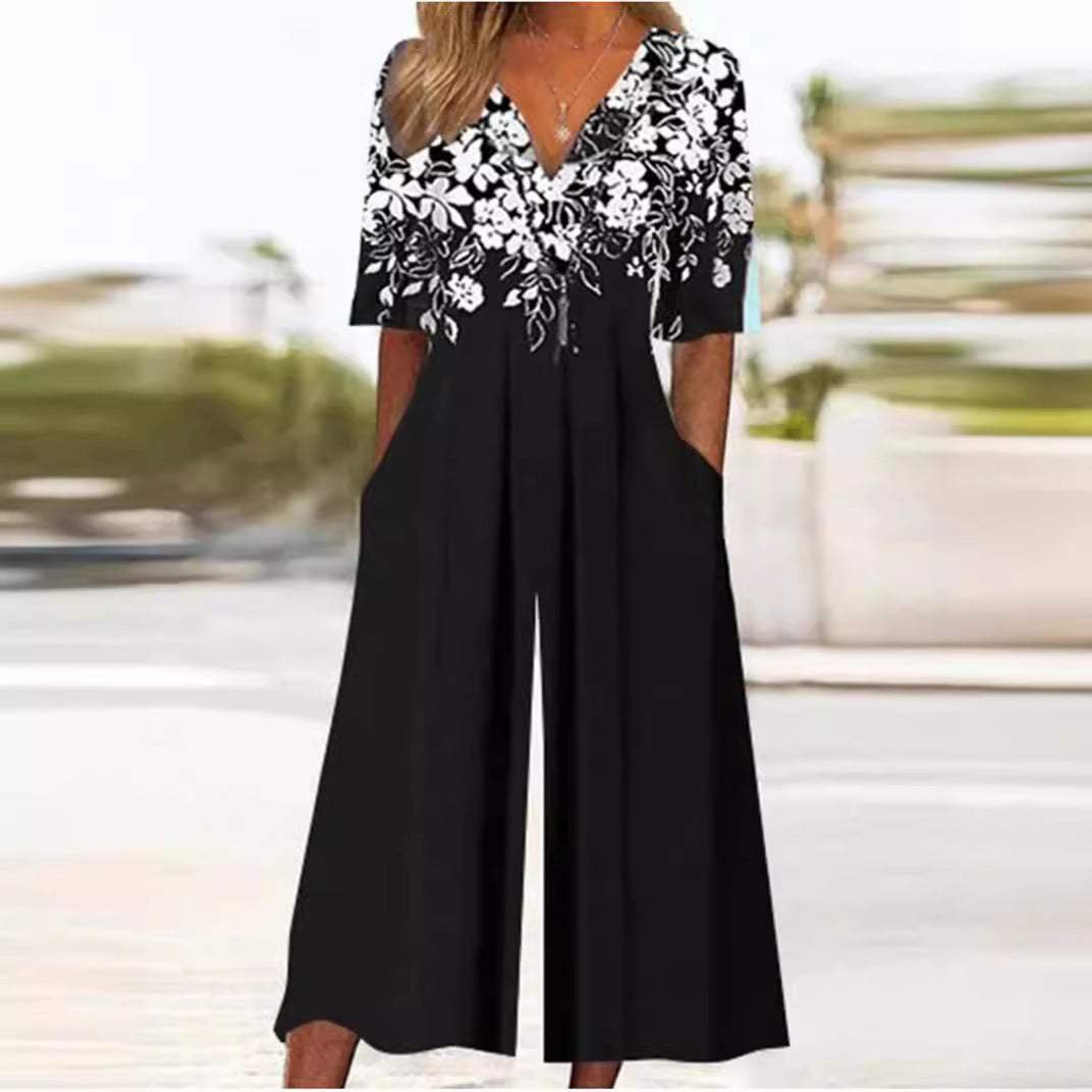 Effortless Floral Wide Leg Jumpsuit for Women with V Neck Elbow Sleeve Flowing Palazzo Style