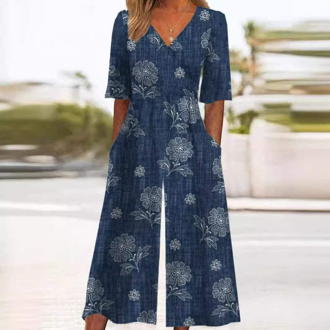 Effortless Floral Wide Leg Jumpsuit for Women with V Neck Elbow Sleeve Flowing Palazzo Style