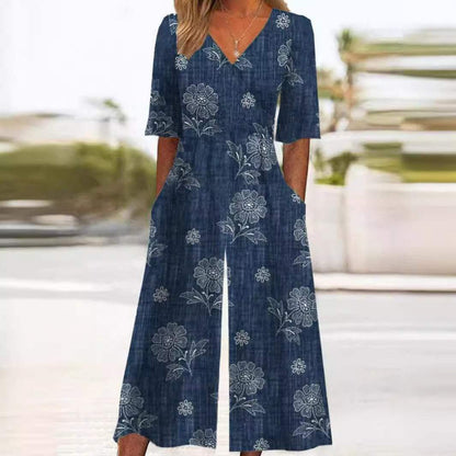 Effortless Floral Wide Leg Jumpsuit for Women with V Neck Elbow Sleeve Flowing Palazzo Style