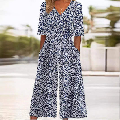 Effortless Floral Wide Leg Jumpsuit for Women with V Neck Elbow Sleeve Flowing Palazzo Style