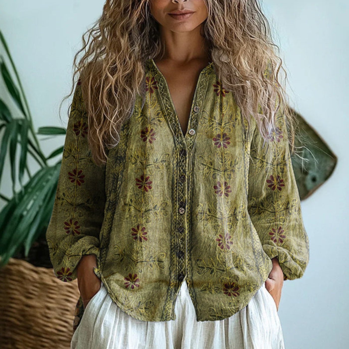 Effortless Boho Blouses for Women with Long Sleeve V-Neck Linen Button-Down Cardigan Style