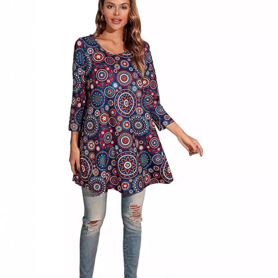 Effortless Boho Tunics for Women with Mandala Print Swing Silhouette Elbow Sleeve