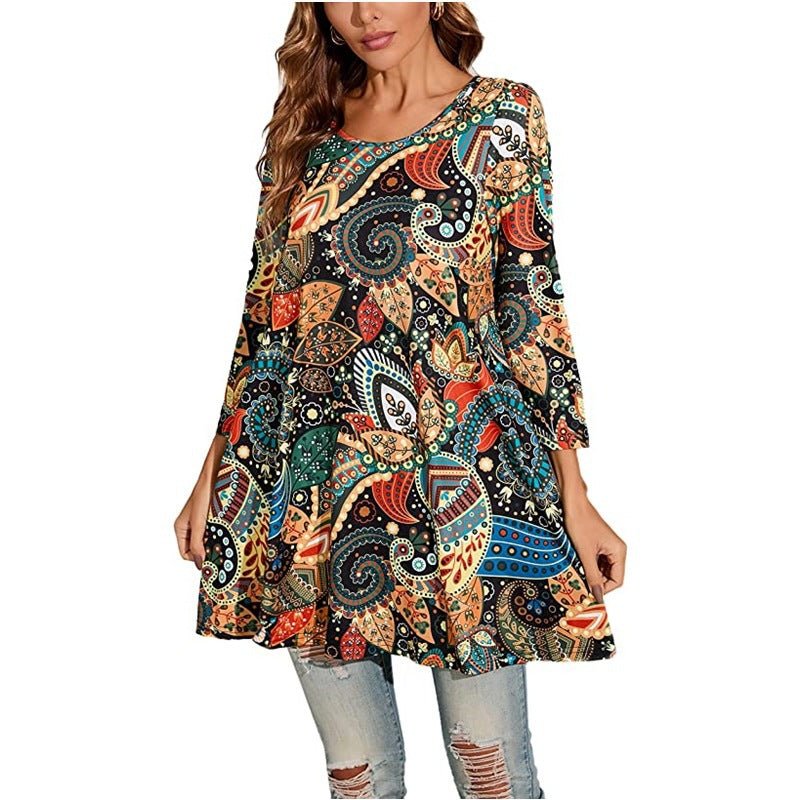 Effortless Boho Tunics for Women with Mandala Print Swing Silhouette Elbow Sleeve