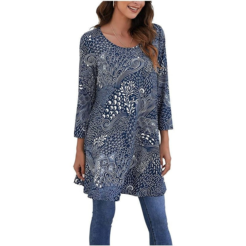 Effortless Boho Tunics for Women with Mandala Print Swing Silhouette Elbow Sleeve