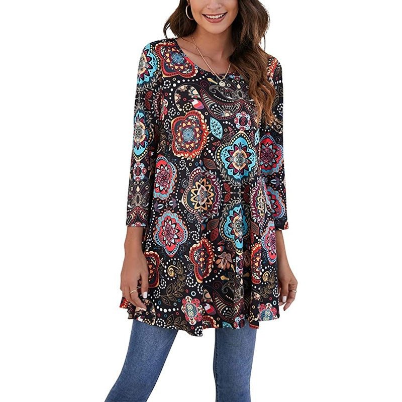Effortless Boho Tunics for Women with Mandala Print Swing Silhouette Elbow Sleeve