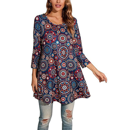 Effortless Boho Tunics for Women with Mandala Print Swing Silhouette Elbow Sleeve