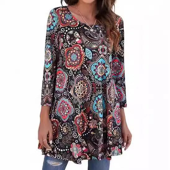 Effortless Boho Tunics for Women with Mandala Print Swing Silhouette Elbow Sleeve
