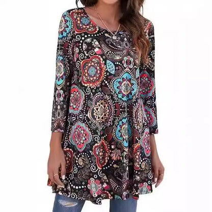 Effortless Boho Tunics for Women with Mandala Print Swing Silhouette Elbow Sleeve