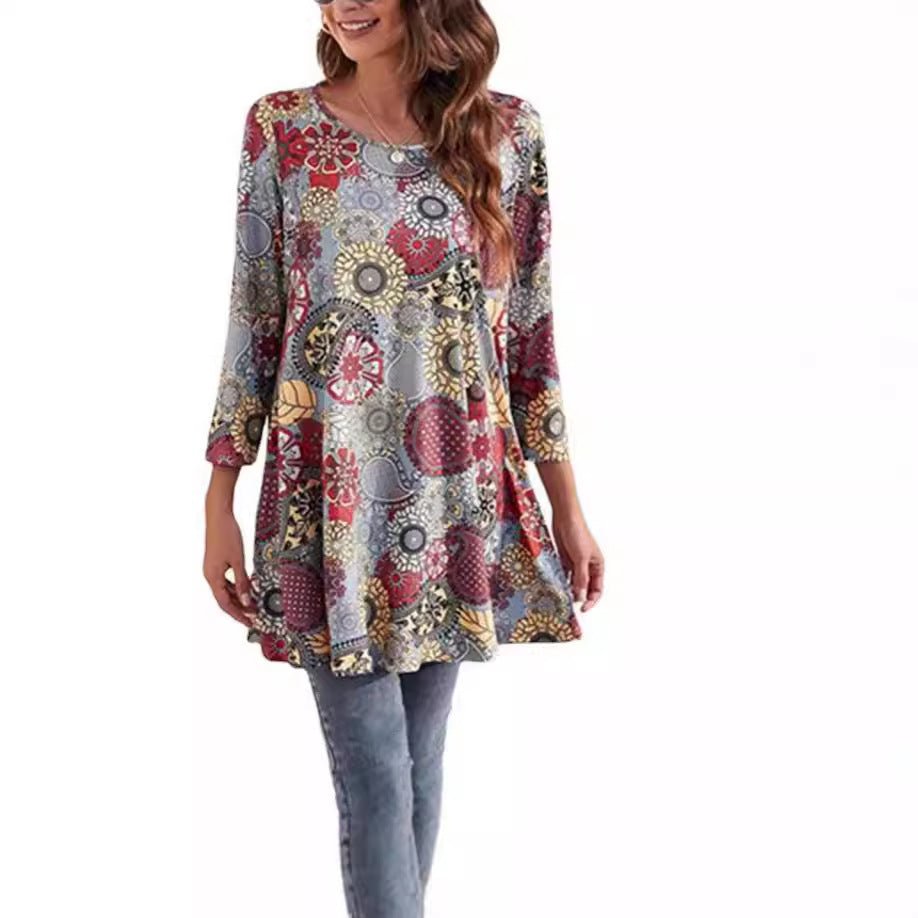 Effortless Boho Tunics for Women with Mandala Print Swing Silhouette Elbow Sleeve