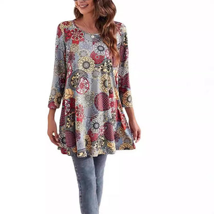 Effortless Boho Tunics for Women with Mandala Print Swing Silhouette Elbow Sleeve