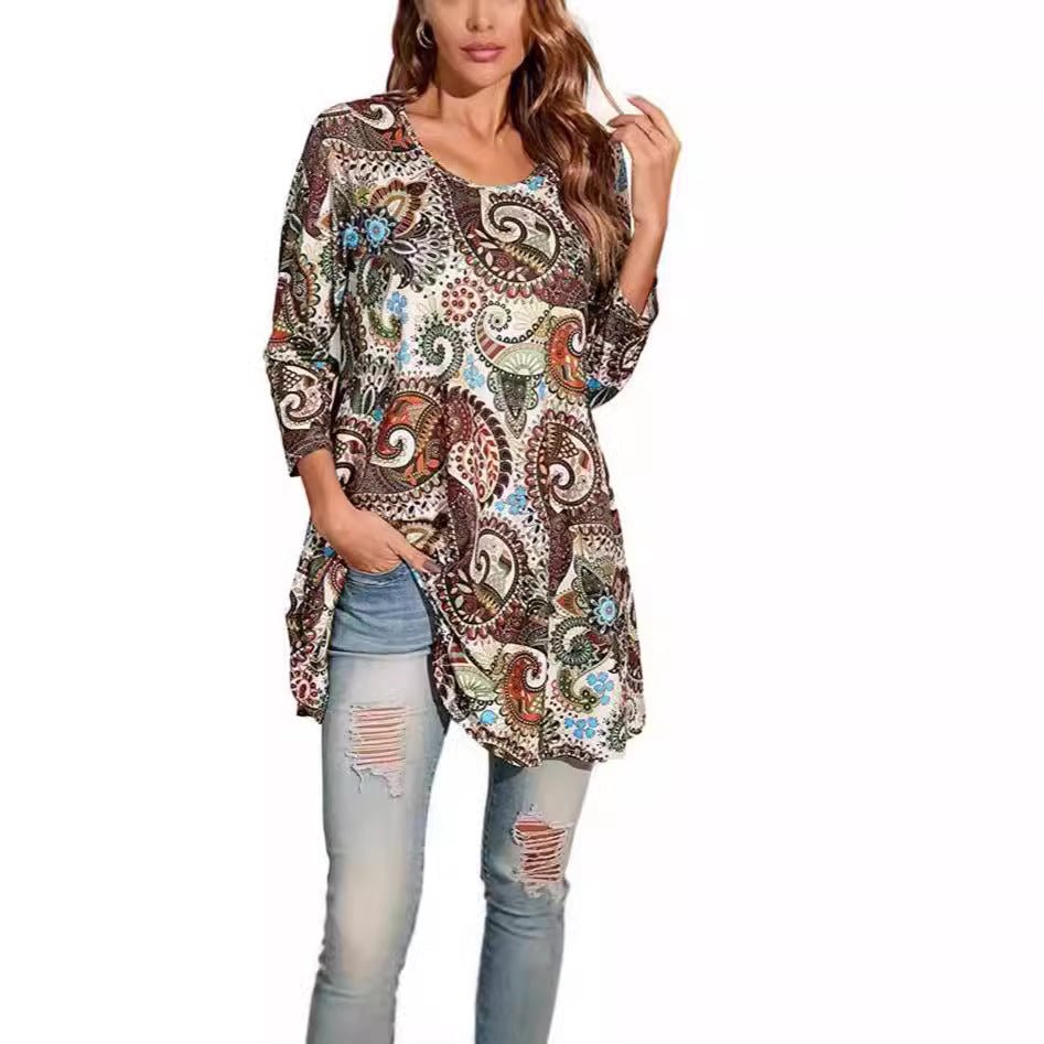 Effortless Boho Tunics for Women with Mandala Print Swing Silhouette Elbow Sleeve