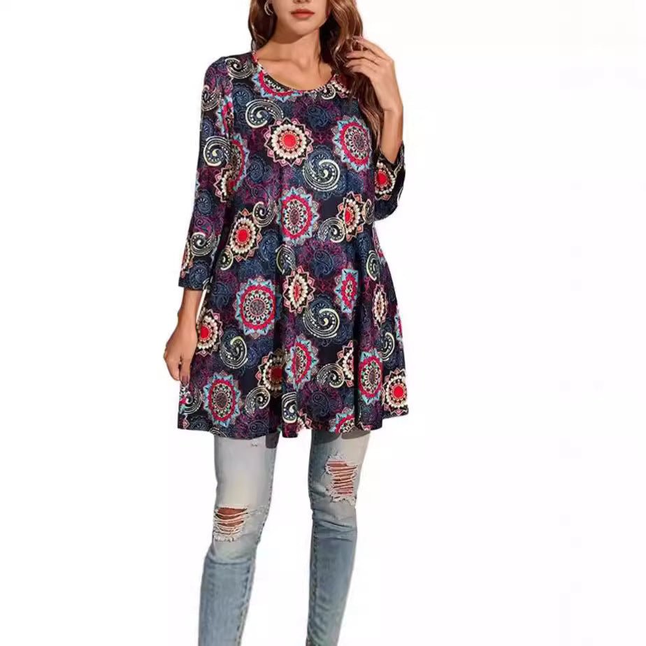 Effortless Boho Tunics for Women with Mandala Print Swing Silhouette Elbow Sleeve