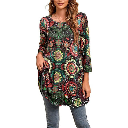 Effortless Boho Tunics for Women with Mandala Print Swing Silhouette Elbow Sleeve