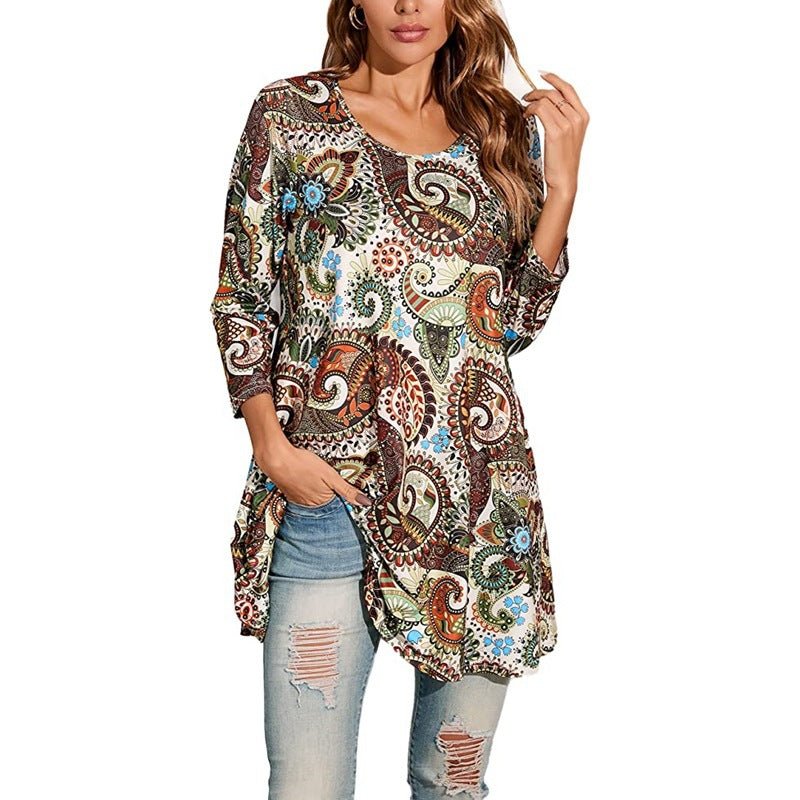 Effortless Boho Tunics for Women with Mandala Print Swing Silhouette Elbow Sleeve