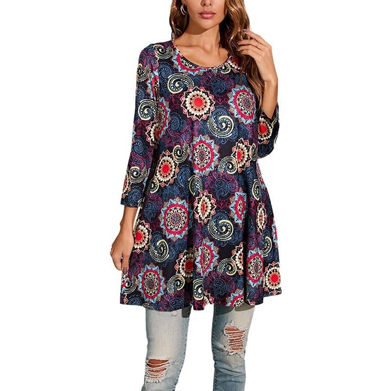 Effortless Boho Tunics for Women with Mandala Print Swing Silhouette Elbow Sleeve