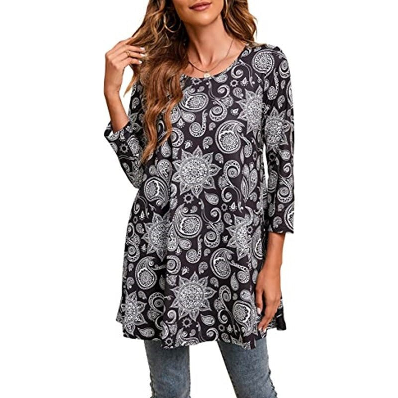Effortless Boho Tunics for Women with Mandala Print Swing Silhouette Elbow Sleeve