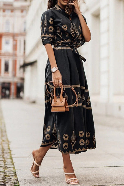 Elegant Embroidered Midi Dress for Women with V Neck Short Sleeve Belted Formal Style