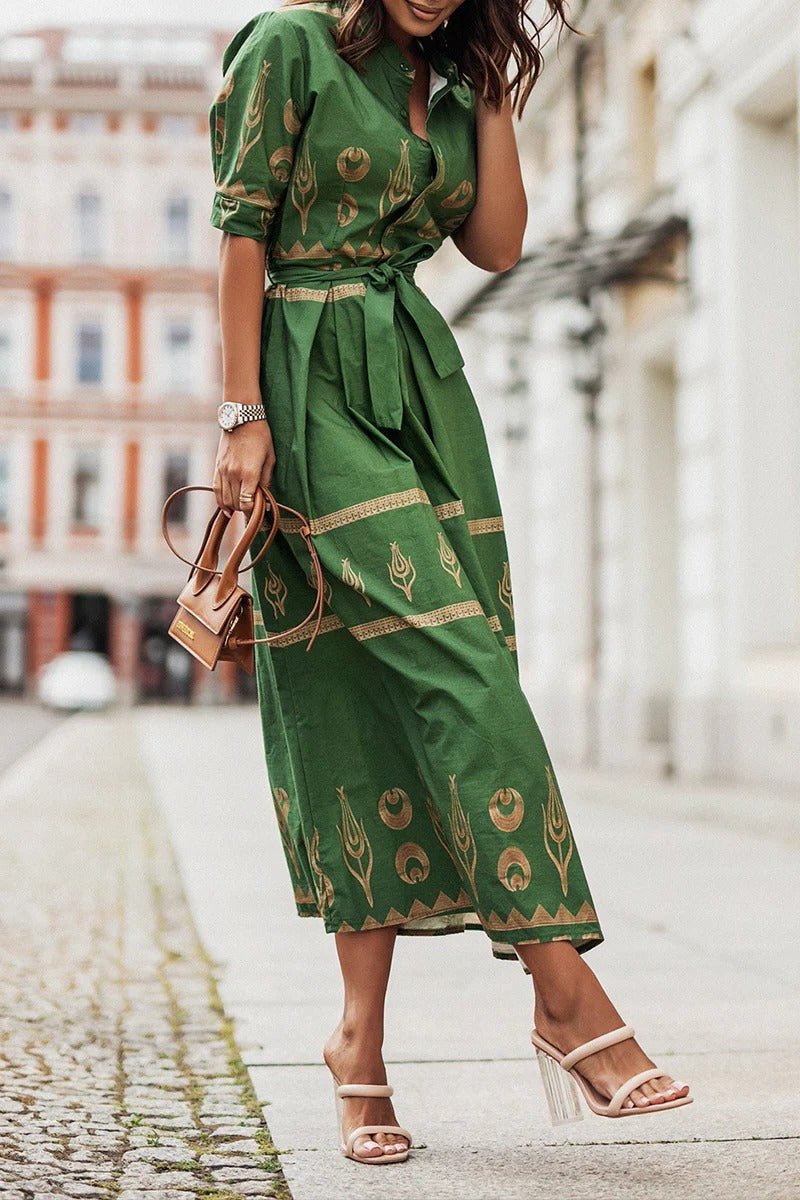 Elegant Embroidered Midi Dress for Women with V Neck Short Sleeve Belted Formal Style