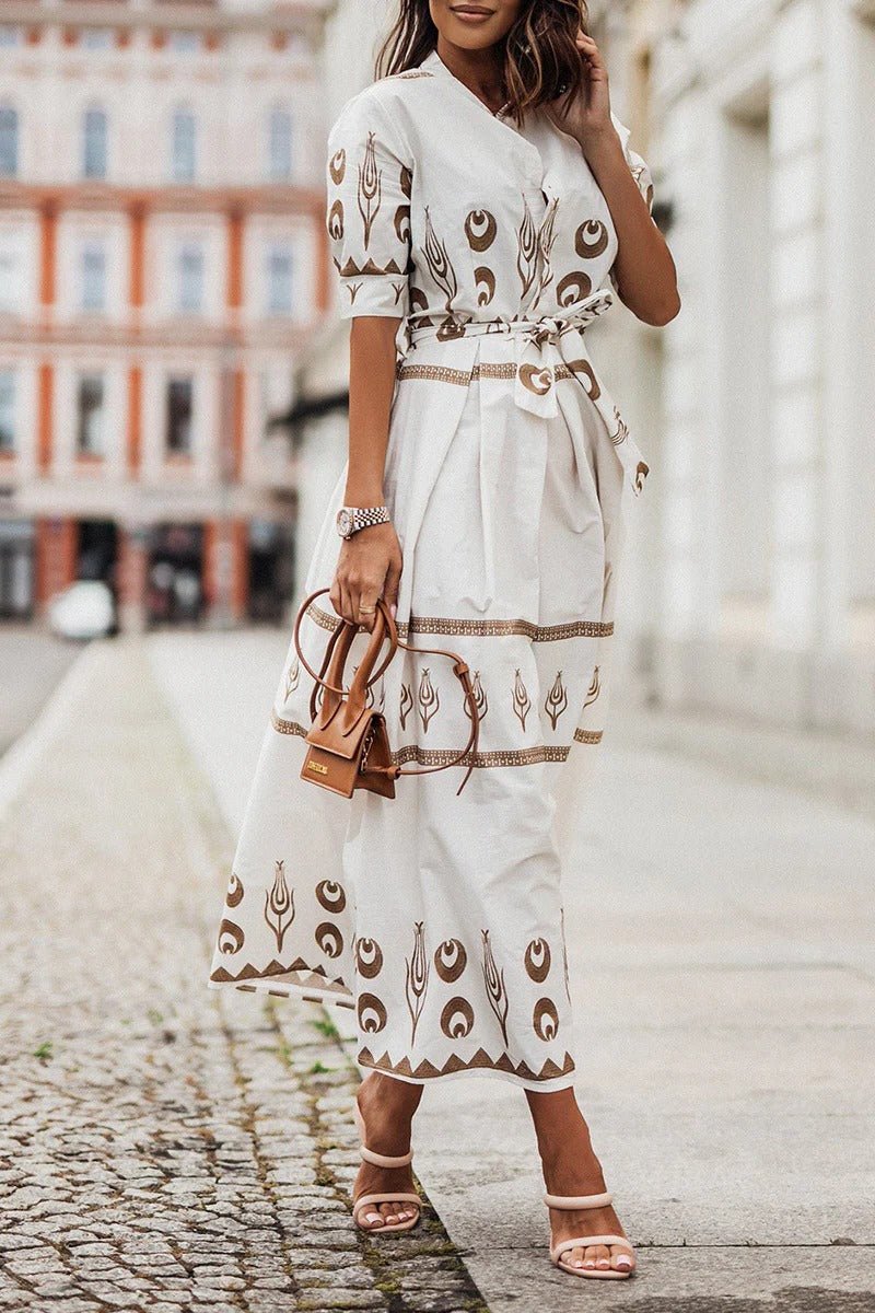 Elegant Embroidered Midi Dress for Women with V Neck Short Sleeve Belted Formal Style